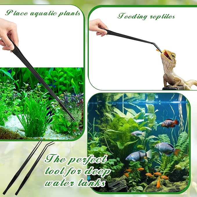 Lasnten 2 Pcs Extra Long Stainless Steel Reptile Feeding Tongs with Rubber Tip 18.5 Inch, 18.9 Inch Bearded Dragon Aquarium Straight and Curved Long Tweezer Terrarium Feeder Tool for Tank(Black)