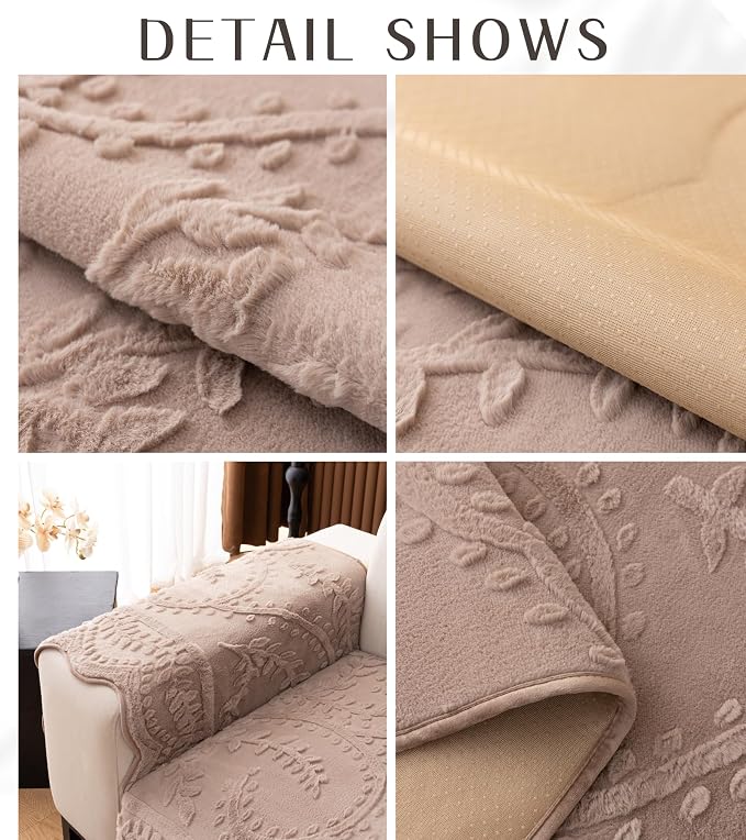 Fuzzy Rabbit Plush Sofa Cover Cozy Warm Sofa Couch Covers with 3D Jacquard Leaf Pattern Non-Slip Easy-to-Install Shaggy Sofa Slipcover Prefect for Kids Dogs Cats Cats(Cream Coffee,36"x82")