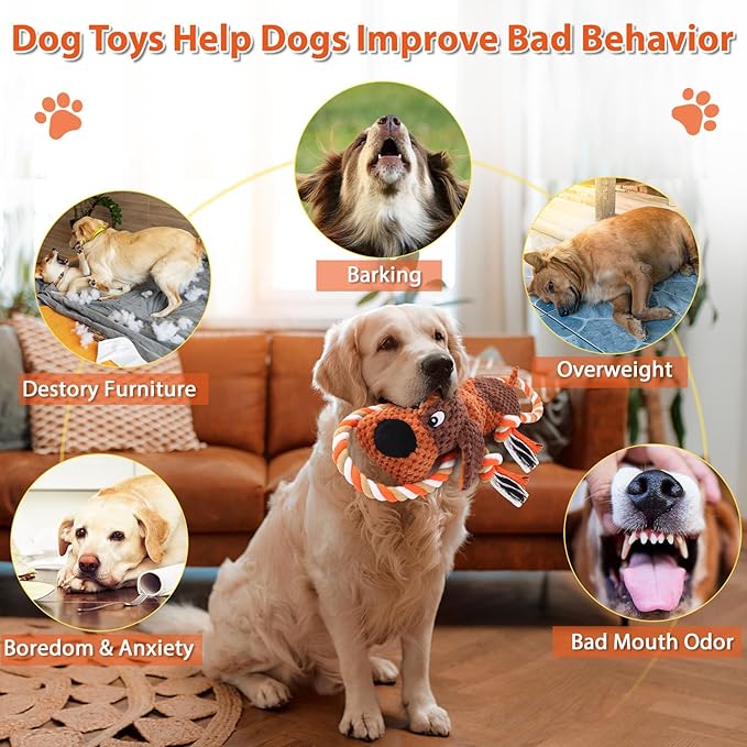 Drmstow Plush Dog Toys with Rope, Squeaker & Crinkle Paper – Interactive Squeaky Chew Toy for Large Dogs & Puppies – Tough Pet Toy for Tug of War, Fetch & Dental Exercise