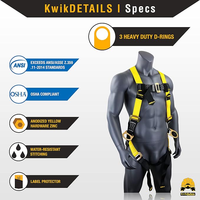 KwikSafety - Fall Protection Safety Harness - Construction & Roofing Fall Arrest Safety Harnesses - ANSI OSHA Compliant