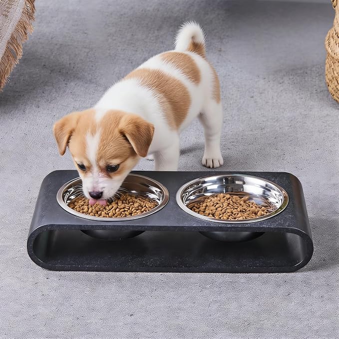 Black Marble Elevated Dog Bowls Set - 2 Thick 6" Stainless Steel Puppy Food Bowl with Non-Slip Raised Holder Stand, Double Feeding Bowls for Food and Water, Suitable for Cats and Small Medium Pet