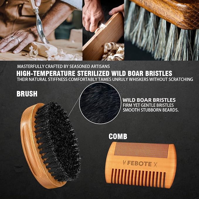Innovation Beard&Hair Straightener for Men w/Natural Boar Bristle Brush, Pear Wood Comb, Mustache Scissors and Travel Bag, Professional Beard Care Set for Him, Men's Fashion and Grooming Gifts