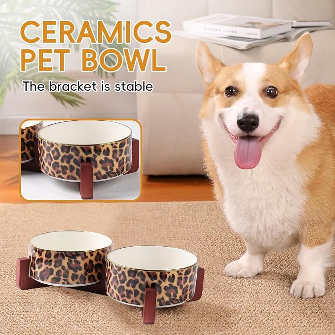Dog Bowl Set with Wood Stand, Non-Slip Anti-Tip Elevated Design, Double Ceramic Animal Food Water Cat Bowls, Suitable for Large/Medium Sized Dog Pet Feeder Dish Station - 32 OZ, Leopard Print