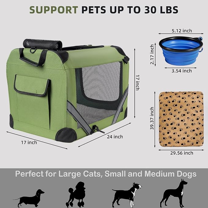 Petprsco Large Cat Carrier for 2 Cats/Small Dogs 24"x17"x17" for Car Travel | Soft Pet Carrier for Large Cats & Small/Medium Dogs, Includes Warm Blanket, Foldable Bowl & Washable Pad, for Long Car Trips