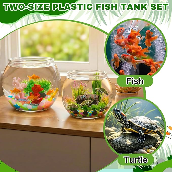 Cinnvoice 521 Pcs Plastic Fish Bowls Starter Kit, 2 Gallon & 0.27 Gallon Round Shatterproof Aquarium with Luminous Stones, Artificial Plants, Decor for Betta Goldfish, Small Fish Tank for Office