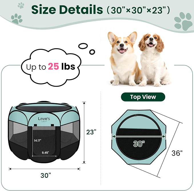 Love's cabin Pet Puppy Dog Playpen, Medium Dog Tent Crates Cage Indoor/Outdoor, Portable Playpen for Cat, Foldable Pop Up Dog Kennel Playpen with Carring Case, Removable Zipper Top, Green