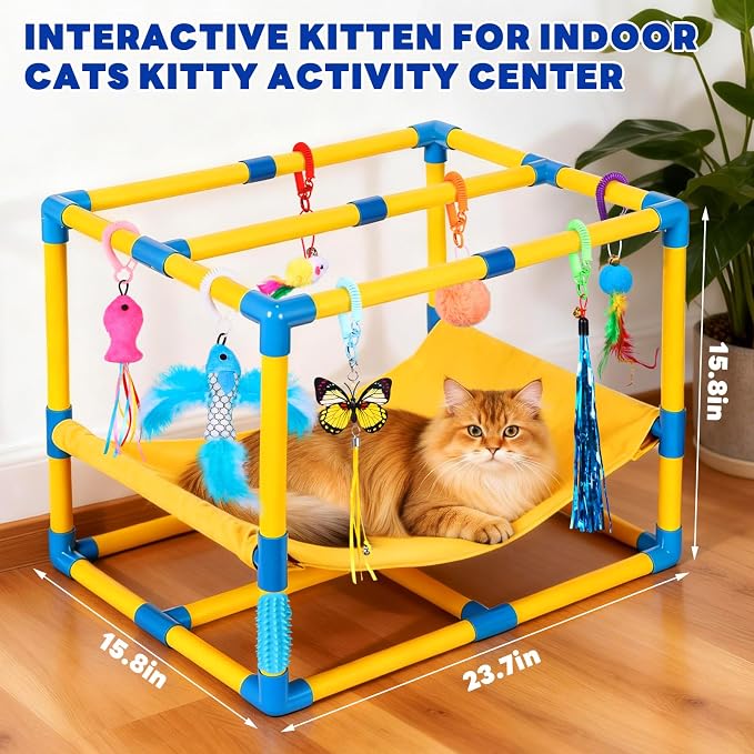 Cat Jungle Gym With Hanging Interactive Toys, Hammock Cat Activity Center | With Cat Self Groomer, Removable PVC Frame With Colored Spring Rope, Cat Enrichment Toys For Bored Indoor Adult Cats, Kittens