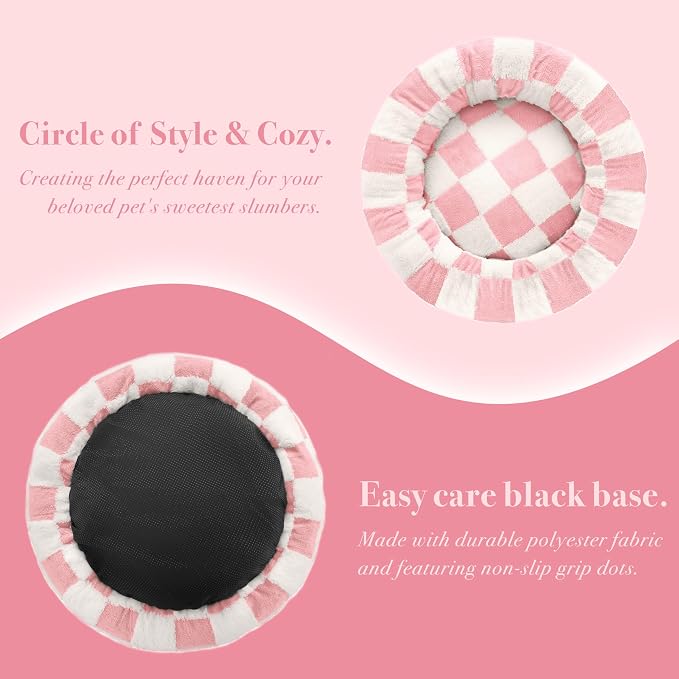 Ohocut Checkered Cat Dog Bed, Cute Girly Pink Retro Style Aesthetic Round Warming Pet Calming Beds for Small Dog and Cats, Plush Cozy Donut Beds Washable, 23" L x 23" W x 8" Th