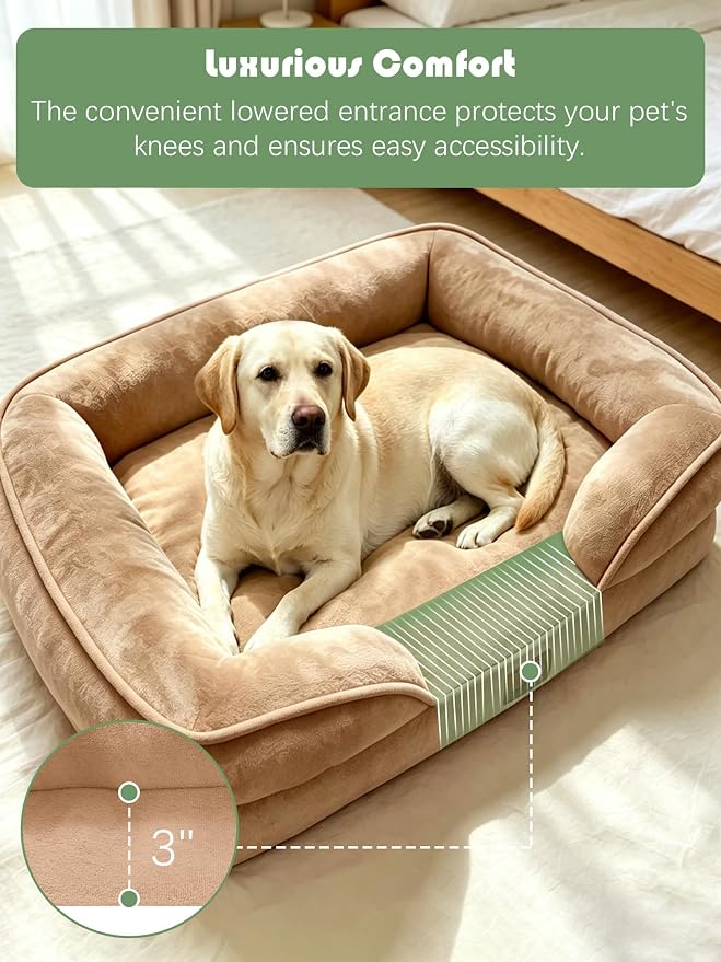 Spotted Play Orthopedic Dog Bed with Sides - Sofa Beds for Extra Large Dogs, Supportive Foam Pet Couch Bed with Washable Removable Cover, Waterproof Lining and Non-Slip Bottom, Brown - XL