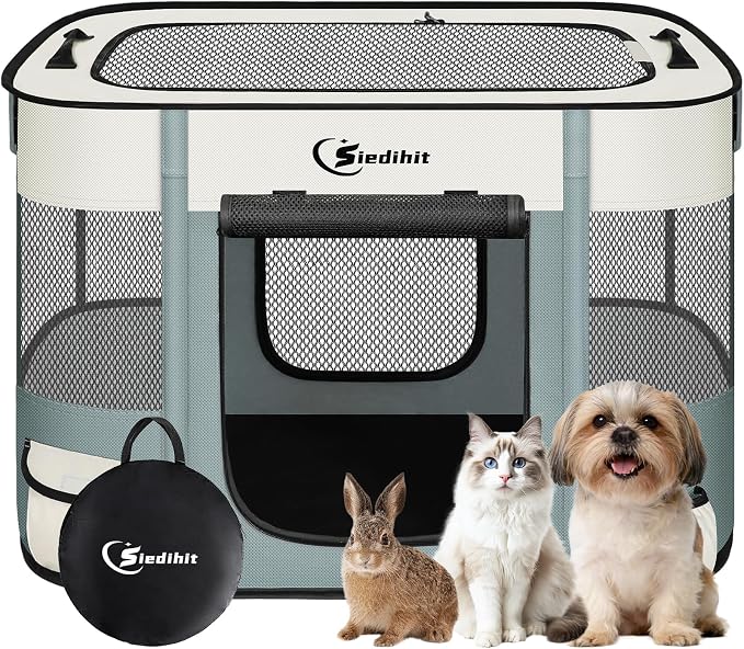 Siedihit Dog Playpen, Cat Pet Puppy Crate Cage Indoor Outdoor(Grey, Small) | Portable Tent Travel Camping Use,Foldable Dog Kennel Tent Crate for Rabbit Small Animals with Carrying Case