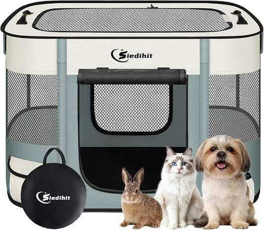Siedihit Dog Playpen, Cat Pet Puppy Crate Cage Indoor Outdoor(Grey, Small) | Portable Tent Travel Camping Use,Foldable Dog Kennel Tent Crate for Rabbit Small Animals with Carrying Case