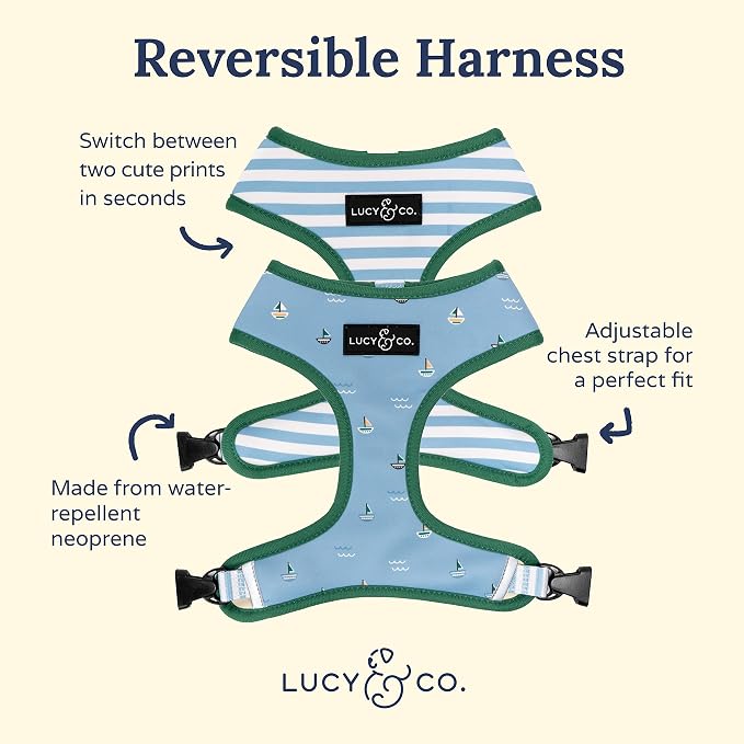 Lucy & Co. Reversible Dog Harness - Water-Repellent Neoprene, Dual-Print Design, Easy Swap Style, Adjustable Comfort Fit - Set Sail Reversible Harness - X-Small