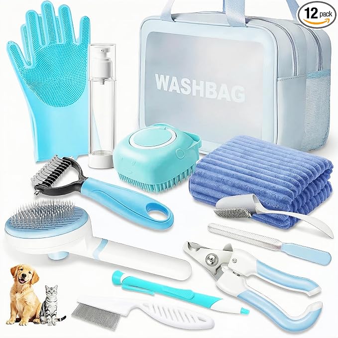 12PCS Dog Bath Kit & Dog Brush Kit for Dogs & Cats - Professional Pet Grooming Tools Set with Shedding Brush, Bath Scrubber, Dematting Comb & Storage Bag - Complete Dog Washing Essentials, Blue