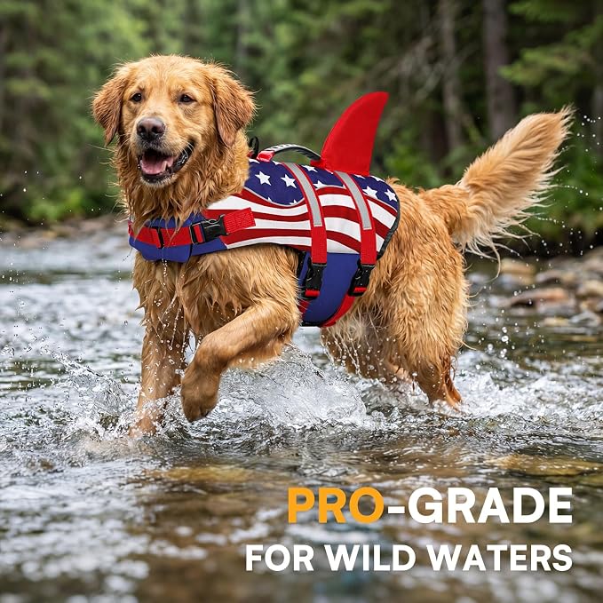 Shark Dog Life Vest for Swimming, Pet Life Vests for Boating, High Buoyant DogLife Jacket, Ripstop High Flotation Swimsui for Small, Medium, Large Dogs (USA Flag,XXL)