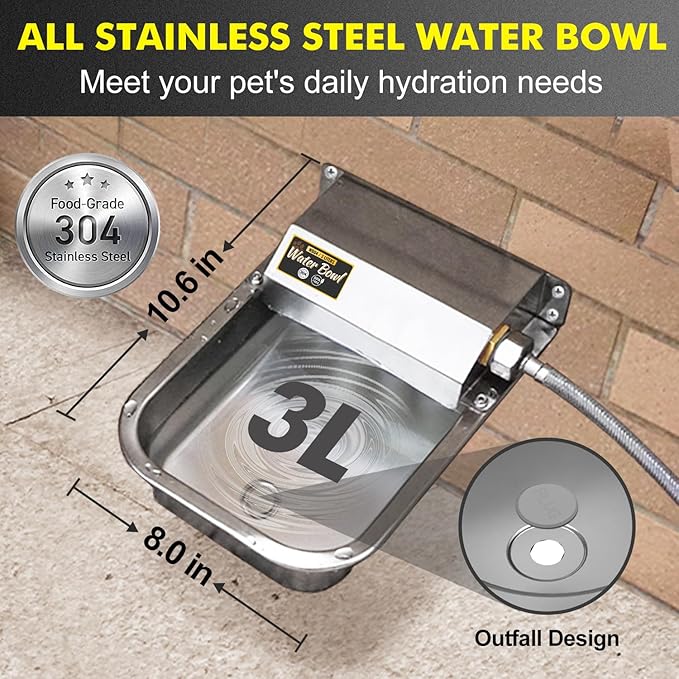 Automatic Water Dispenser for Dogs, 3L Stainless Steel Dog Water Bowl Dispenser, Automatic Water Feeder for Chicken & Livestock, Outdoor Auto-Fill Water Bowl Fit 3/4'' GHT Faucet, Easy Clean