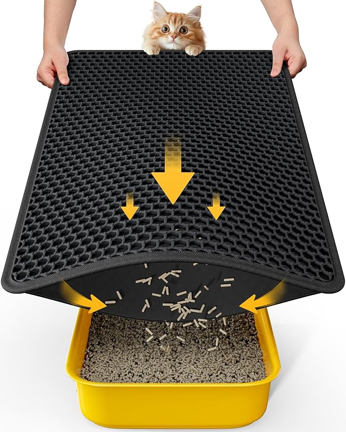Cat Litter Mat - 30'' x 24'' Large Litter Trapping Mat, Easy to Clean Litter Box Mat, Waterproof, Urine-Proof, Non-Slip Kitty Litter Mats for Floor, Black