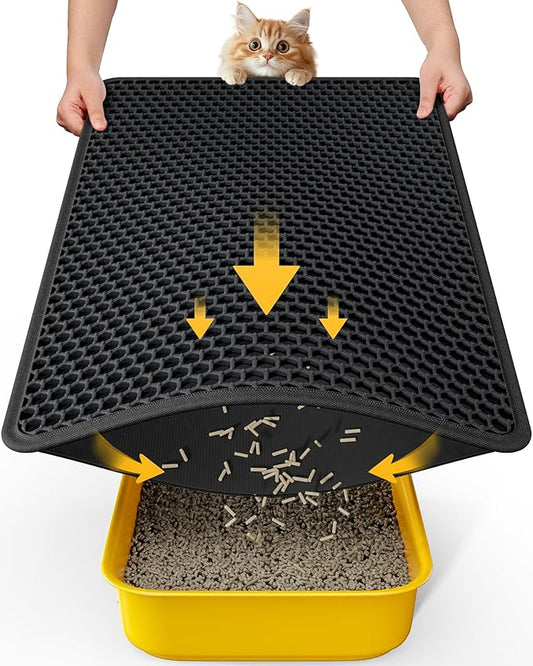 Cat Litter Mat - 30'' x 24'' Large Litter Trapping Mat, Easy to Clean Litter Box Mat, Waterproof, Urine-Proof, Non-Slip Kitty Litter Mats for Floor, Black