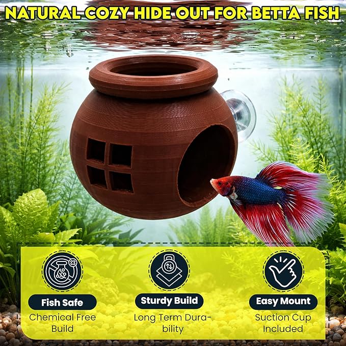 Floating Cozy Betta House, Natural Floating Betta Hide Out, Aquarium Hammock, Relaxing & Stress Relief, Suction Cup Included, 2.9" W x 2.6" H