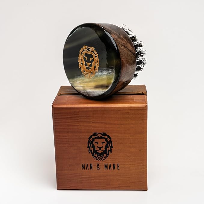 Premium Handmade Round Oxhorn Medium Stiff Natural Boar Bristle Men’s Travel Beard and Hair Care Brush
