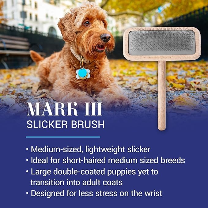 Chris Christensen Mark III Slicker Brush for Dogs, 12mm Pins, Groom Like a Pro, Handcrafted Lightweight Beechwood Ergonomic Handle, Stainless Steel Pins, A5III Medium. Made in Germany.