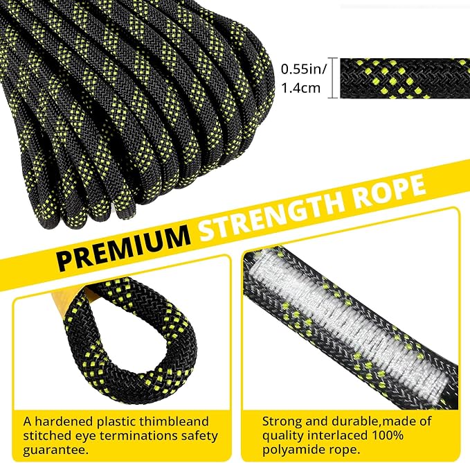 TRSMIMA Rope Harness Safety Lanyard：50ft Roofing Rope Fall Protection | Vertical Safety Harness Rope With Grab Snap Hooks Shock Absorber - Tree Climbing Line Kit Heavy Duty Safety Equipment ANSI CE