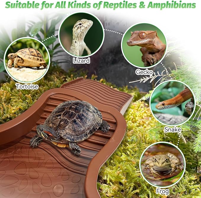 PINVNBY Large Reptile Bathing Pool Tortoise Water Dish with Removable Ramp and Leaf Reptile Food Dish & Water Bowl Tortoise Habitat Accessories for Turtle Lizard Gecko Snake (Red)