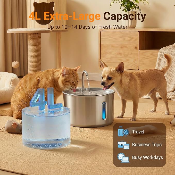 Stainless Steel Cat Water Fountain, 4L Quiet Pet Fountain for Cats & Dogs | Dog Water Fountain, 135oz Large Capacity, Small Dogs, USB Powered, 3 Flow Options, Triple Filtration, 4 Filters & 4 Sponges