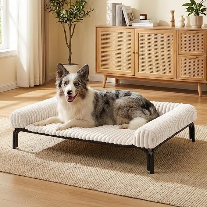 Elevated Dog Bed with Removable Fluffy Pillow Cushion, Raised Pet Cot Washable Bolster, Dog Couch Sofa, Anti Slip Feet, Breathable Mesh, Cream, 49"×36"