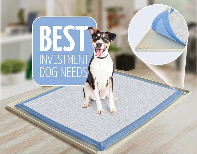 Skywin Dog Pee Pad Holder Tray Fits for 30” x 23” Pee Pads - 1 Pack - Beige | Corner Lock Holes, Raised Edges, Non-Spill, Easy to Clean Silicone Dog Potty Tray Holder, For Indoor Floor Protection