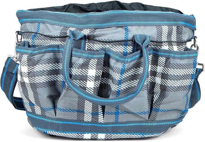 Jeffers Poplar Head Grooming Bag – Horse Grooming Organizer Tote with Pockets for Brushes, Tools, Clippers, Shampoo, Detangler – Stable Barn Kit Carrier for Horses, Pets, Hamilton Blue & Slate Plaid