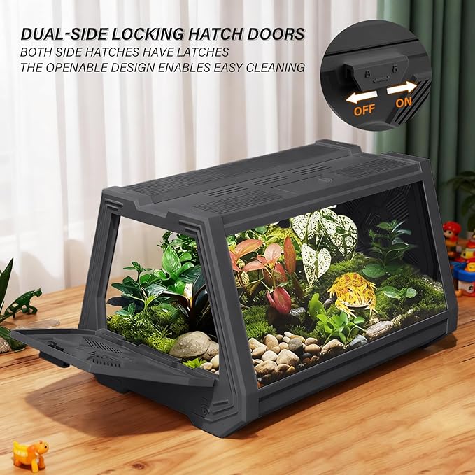 Smart Lighting Reptile Terrarium with Timer & Dual-Mode LED/UVB - Adjustable Brightness All-in-One Habitat, Wide View Escape-Proof Dual Doors for Gecko, Frog, Tarantula, Snake or Insects