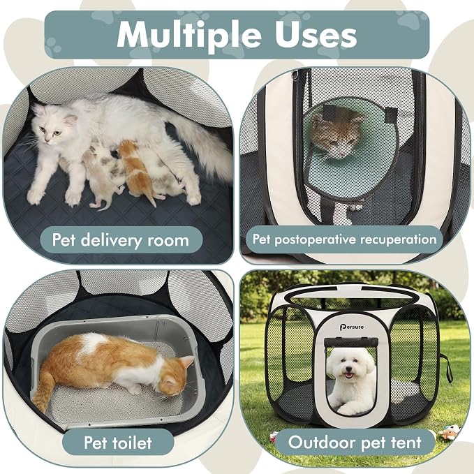 Persure Dog Cat Pet Playpen Puppy Crate Cage for Indoor Outdoor Travel | Nursing Rest Zone Recovering Pet Quarantine Room Portable Pop Up Easy to Set up lightweight Carrying Bag(White with Pad,Small