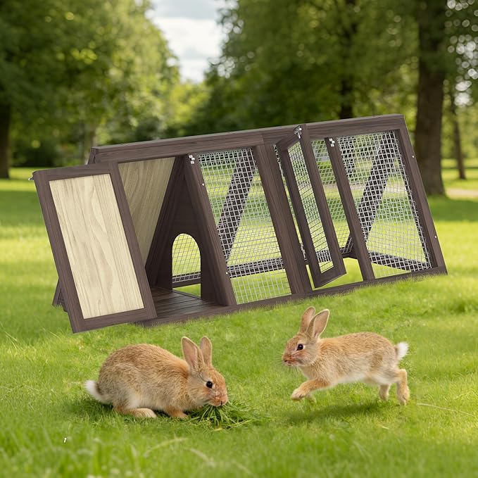 Small Chicken Coop, Rabbit Hutch Outdoor, Wooden Triangle Rabbit Cage with 2 Door & Poultry Run, Portable Bunny Hutch for Chicken, Rabbit, Guinea Pigs, Hedgehog, Small Animals (Rustic Brown)