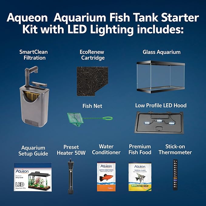 Aqueon Aquarium Starter Kit with Smart Clean Filtration and LED Lighting, Freshwater and Saltwater Fish, Perfect for Tetras, Guppies, Platies, 10-Gallon
