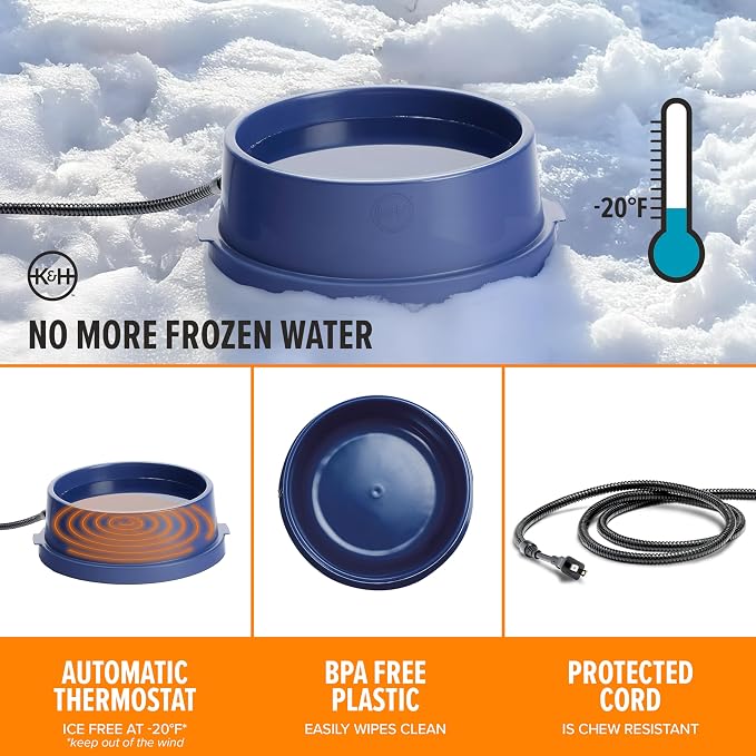 K&H Pet Products Thermal-Bowl Heated Water Bowl for Cats & Dogs Outside, Safety Listed Outdoor Heated Dog Dish for Pets, Automatic No Freeze, Anti Chew Cord - 96 Ounces Blue 25W | Outdoor Water Stays Unfrozen In Winter. Outdoor Heated Dog Dish for Pets...