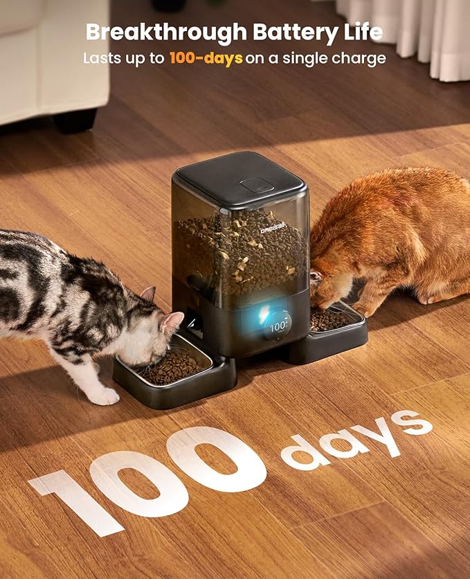oneisall コードレスWiFi自動給餌器（2匹用）、充電式100日間稼働、20カップ/5L 大粒フード対応、スマートアプリ制御