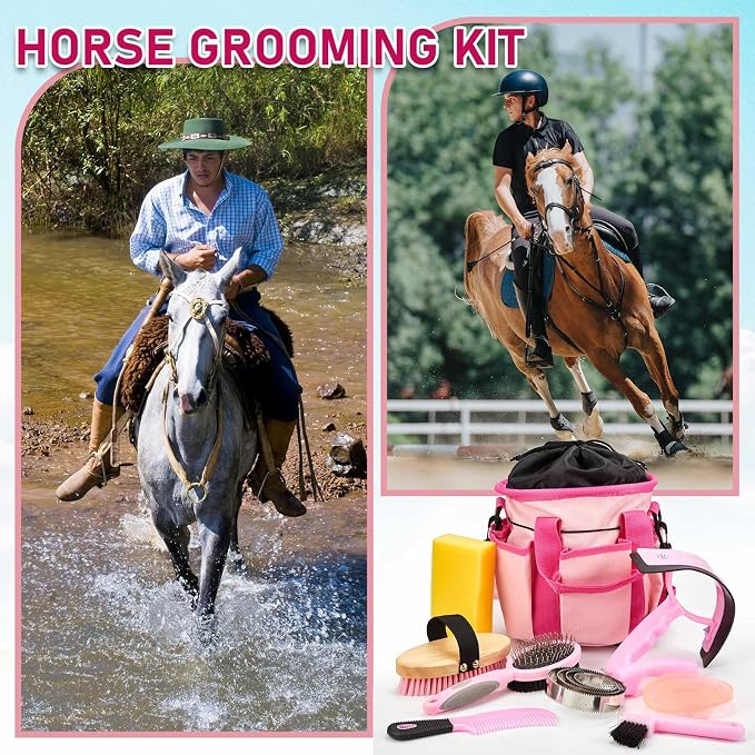 Cunhill 9 Pcs Horse Grooming Kit Tack Room Supplies Set with Tote Bag, Oval Massage Curry, Hard and Soft Brush, Hoof Pick, Sweat Scraper, Bathing Sponge, Comb for Horse Rider(Classic,Pink)