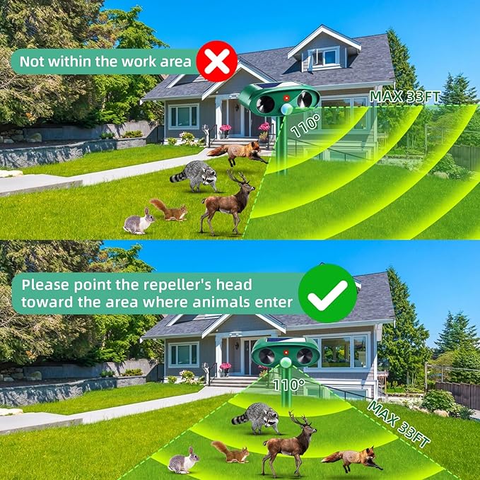 2 Pack Solar Ultrasonic Animal Repeller Outdoor - Sonic Fortress Pro Deer Repellent Weatherproof with Motion Sensor & USB Charging,Deter Cats,Squirrels,Racoons,Rabbits,Skunks Humanely for Yard Garden