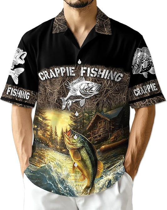 Fishing Crappie Hawaiian Shirt for Men, Button Down Summer Beach Short Sleeve, Fishing Lover Gifts, Sizes S-5XL
