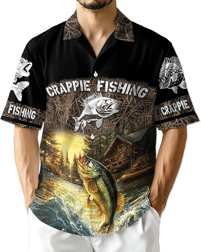 Fishing Crappie Hawaiian Shirt for Men, Button Down Summer Beach Short Sleeve, Fishing Lover Gifts, Sizes S-5XL