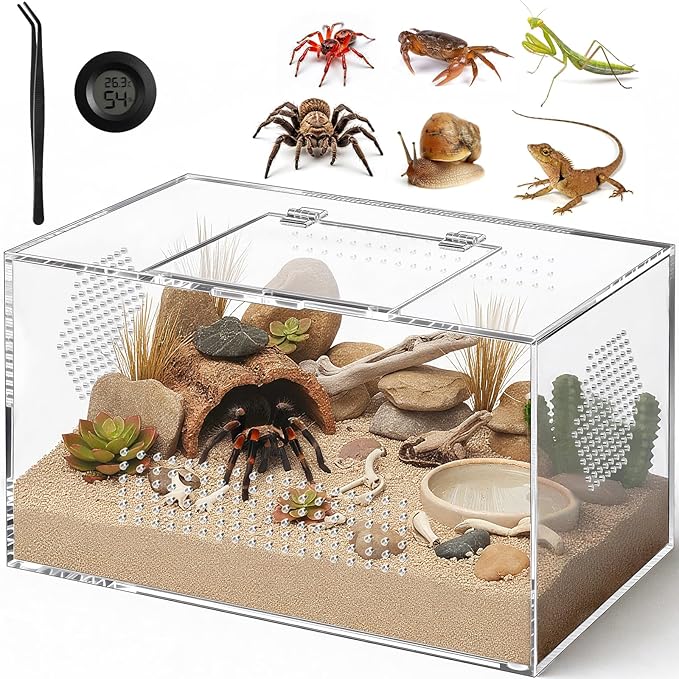 Acrylic Reptile Terrarium, Pre-Assembled Tarantula Enclosure with All-Side Ventilation & Magnetic Door, Tank for Spider, Gecko, Mantis, Frog, Snail, Isopods, 12"x7"x7" (Tweezer & Hygrometer Included)