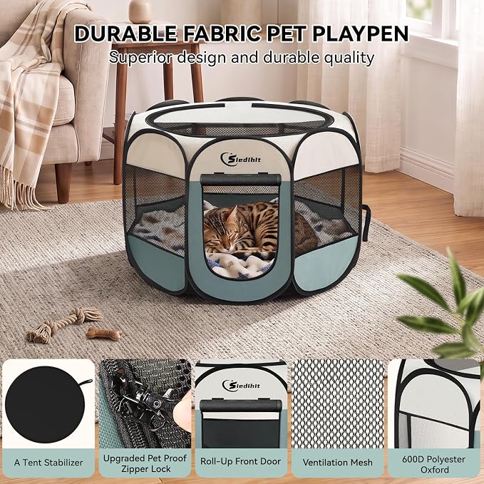 Siedihit Dog Cat Playpen, Puppy Pet Playpen Indoor for Small Dog Crate Tent Cage Outdoor, Portable Pop Up Dogs Enclosure Kennel with Carrying Case for Dogs/Cats/Rabbits(Grey, Small