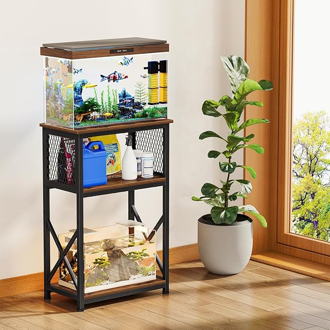 Snughome 10 Gallon Aquarium Stand, 3-Tier Storage Fish Tank Stand 220 lb Top, Fits 5/10 Gallon , Waterproof / Small Space, 20.47" x 11.42" x 30.91", Rustic Brown