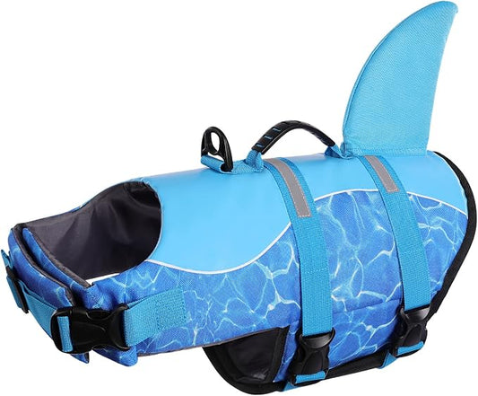 Shark Dog Life Jacket for Swimming, High Buoyant Adjustable Vest for Dogs (Blue, L)