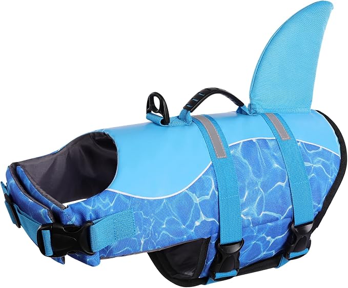 Shark Dog Life Jacket - High Buoyant Swimming Vest, Adjustable Easy-On for Small, Medium, Large Dogs (Blue, XL)