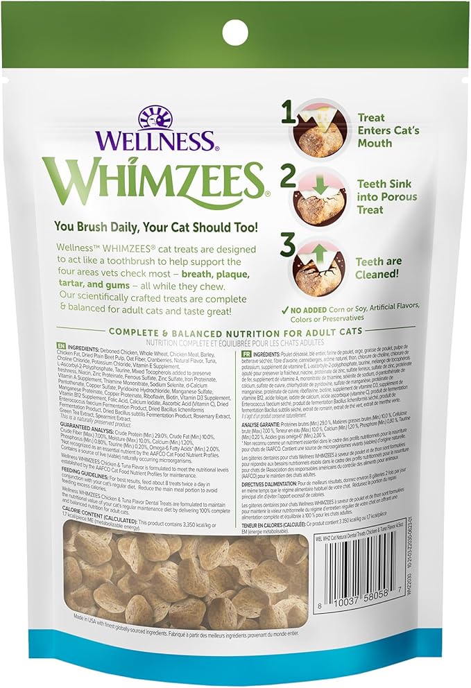 Wellness WHIMZEES Cat Dental Treats, Freshens Breath, Chicken and Tuna Flavor, 4.5 oz Bag