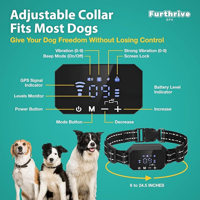 Furthrive GPS Dog Collar, Wireless Dog Fence 100–3280 ft Circular Boundary, Waterproof GPS Dog Collar System Outdoor with Beep, Vibration & Adjustable Training