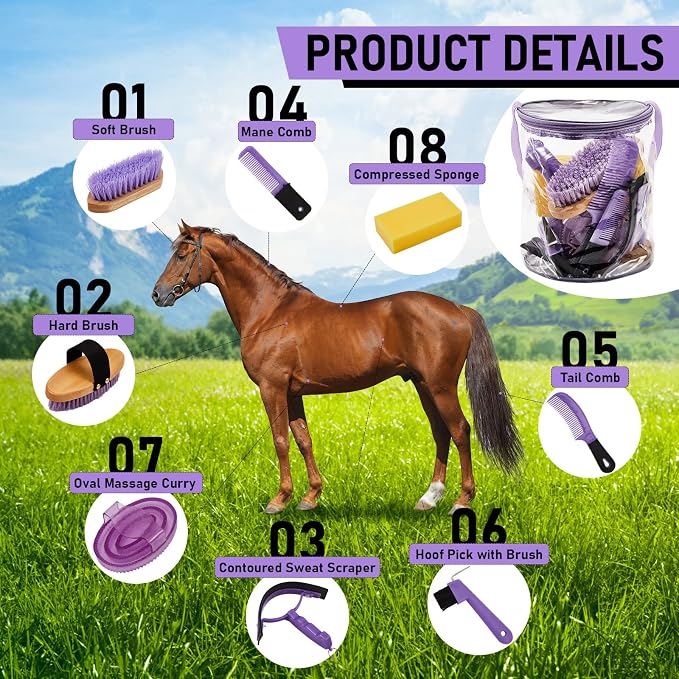 Cunhill 9 Pcs Horse Grooming Kit with Bag Curry Brushes,Cute,Purple | Complete Grooming Set for Horses, Hard Soft Brushes, Hoof Pick, Sweat Scraper, Sponge, Comb, Portable Tote for Stable