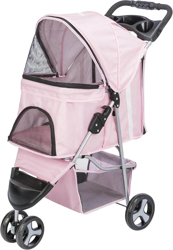 Trixie Foldable Pet Stroller for Cats and Dogs, Pet Carrier Strolling Cart with Weather Cover, Storage Basket, Cup Holder, Pink