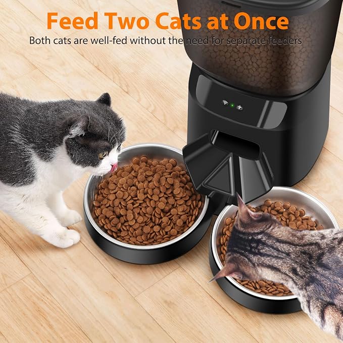 Automatic Cat Feeders for Two Cats, 5L/20 Cups Double Automatic Cat Food Dispenser with 2 Stainless Bowls, Timer Setting 20 Portions 6 Meals Per Day, 10s Meal Call (WiFi丨 Black)